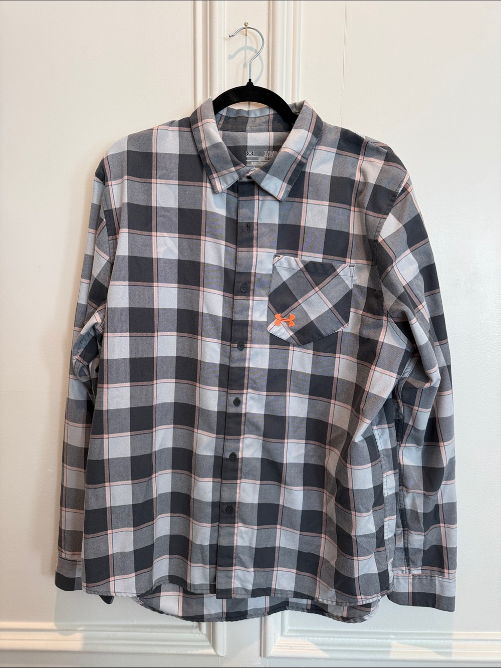 Under Armour Men's Black and Gray Plaid Button-Down Shirt with Orange Logo